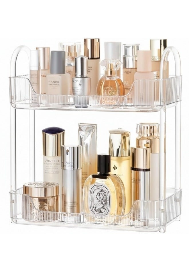 منظم مكياج أكريليك شفاف بطبقتين – رف تخزين مستحضرات التجميل والعناية بالبشرة – منظم عطور وكريمات وسيروم وزجاجات العناية – تصميم أنيق موفر للمساحة – مناسب لطاولة التسريحة والحمام وغرفة النوم – سهل التنظيف ومتين للاستخدام اليومي 30*17 سم - Image 1